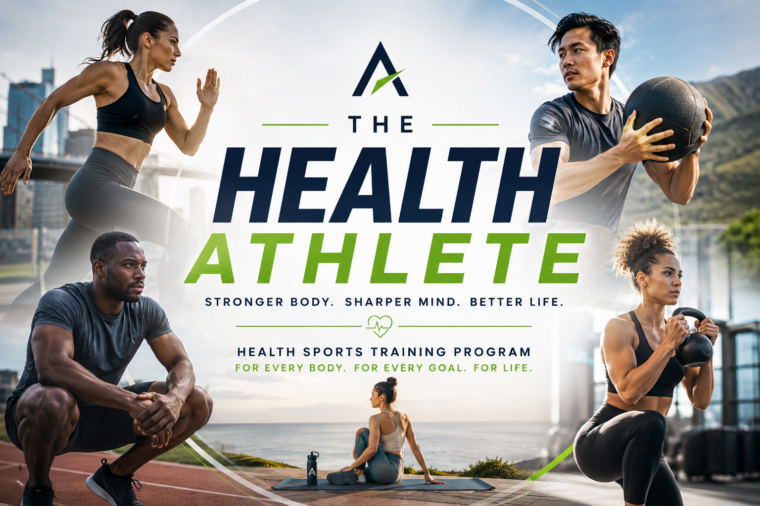 Health Athletes training: sprinting, medicine ball work, kettlebell swings, and mobility